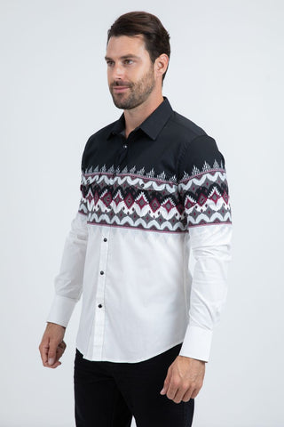  long-sleeve button-down shirt features a crisp white base accented with a panoramic pattern, offering a fresh and sophisticated look