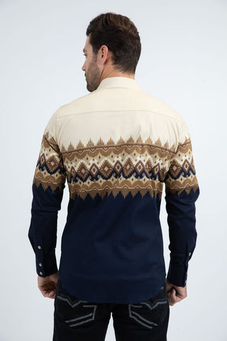  long-sleeve button-down shirt features a crisp blue base accented with a panoramic pattern