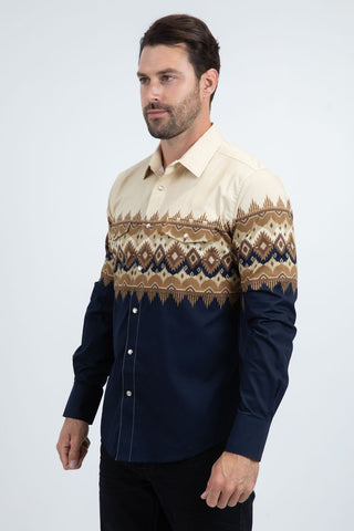  long-sleeve button-down shirt features a crisp blue base accented with a panoramic pattern