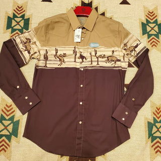 Platini Men's Modern Fit Cotton Stretch Rodeo Panoramic Shirt - Khaki