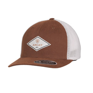 Ariat Faux Leather Diamond Patch Trucker Hat- Brown