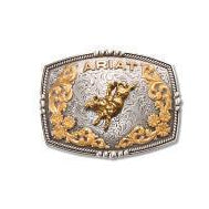 Belt buckle with intricate design and 'ARIAT' branding on a white background
