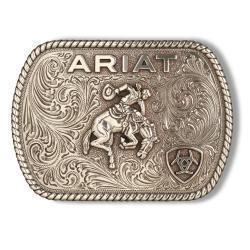 A rectangular silver-toned Ariat belt buckle with an engraved cowboy on a bucking horse and swirling decorative scrollwork, shown on a plain white background.