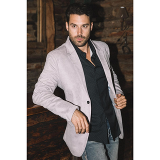 Model wearing Platini faux suede blazer styled with casual Western outfit