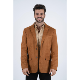 Platini men’s Camel faux suede blazer – front view on model