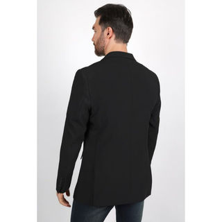 Men's black modern-fit blazer with white pocket square styled over white t-shirt and dark jeans