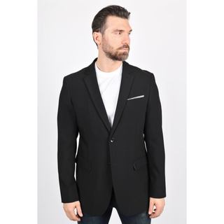 Men's black modern-fit blazer with white pocket square styled over white t-shirt and dark jeans