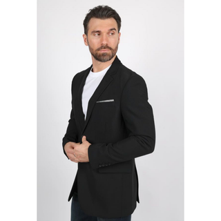 Men's black modern-fit blazer with white pocket square styled over white t-shirt and dark jeans