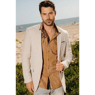 Men’s Platini beige modern fit blazer with stretch fabric, paired with western shirt and jeans for a stylish date night look