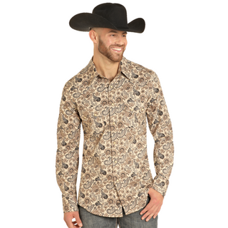 Rock & Roll Denim Paisley Print Long Sleeve Snap Shirt- Taupe