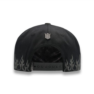 Back view of La Ángel y Demonio Negra Snapback with flame embroidery and BIGG BOSS logo