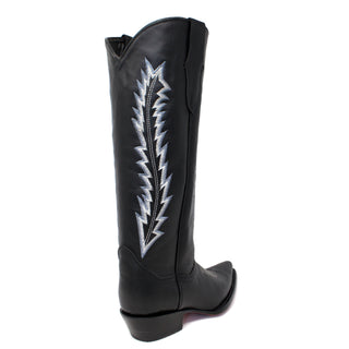 Women’s Ranchers Black Leather Knee-High Cowboy Boot – Back View with Silver Embroidery, 16 inch shaft, and 2 inch heel