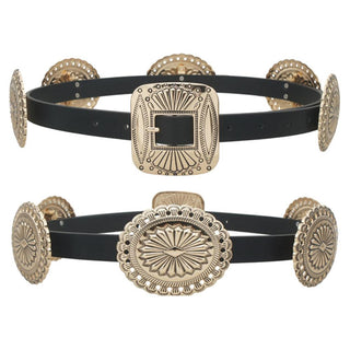 Gold Western concho belt with black faux leather strap and antique engraved buckle – western style accessory