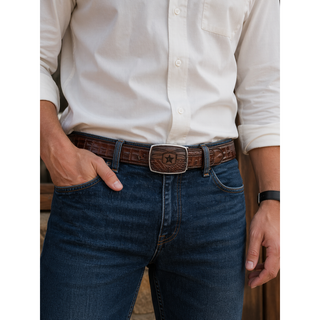 Los Altos Caiman Belly Belt with Square Buckle - Faded Brown