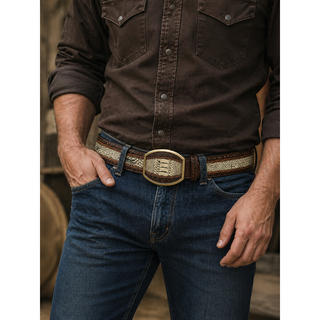Los Altos Ostrich Leg Laser Belt with Western Oval Buckle - Rustic Oryx
