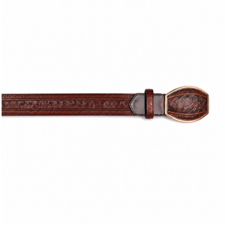 Los Altos Ostrich Laser Belt with Western Oval Buckle - Faded Brown
