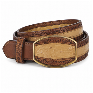 Los Altos Ostrich Laser Belt with Western Oval Buckle - Antique Saddle