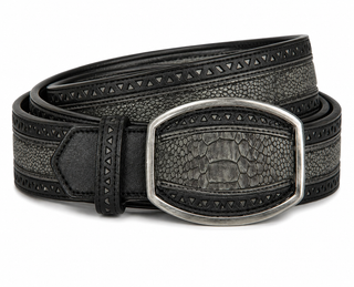 Los Altos Ostrich Leg Laser Belt with Western Oval Buckle - Rustic Black