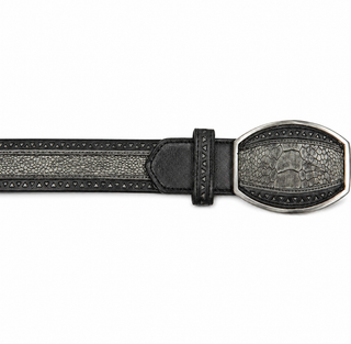Los Altos Ostrich Leg Laser Belt with Western Oval Buckle - Rustic Black