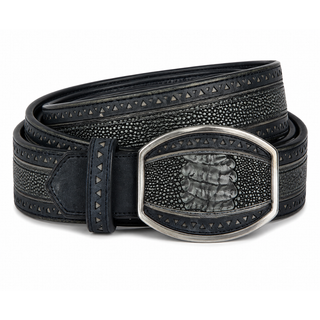 Los Altos Ostrich Leg Laser Belt with Western Oval Buckle - Rustic Blue