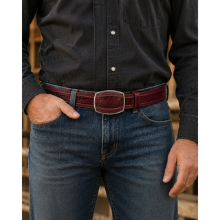 Los Altos Lizard Belt with Western Oval Square Buckle - Faded Burgundy