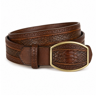 Los Altos Python Laser Belt with Western Oval Buckle - Porto Brown