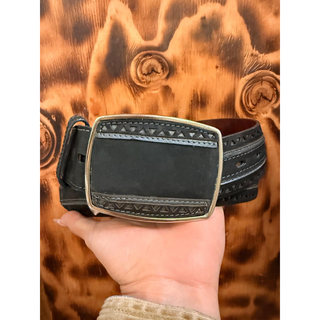 Los Altos Nubuck Laser Design Belt with Square Buckle - Black