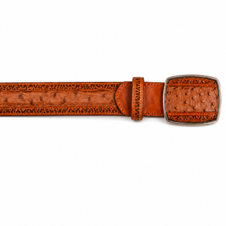 Los Altos Ostrich Laser Belt with Square Buckle - Faded Cognac