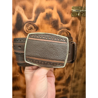 Los Altos Grisly Laser Design Belt with Square Buckle - Brown