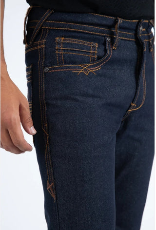 Side Front Pocket view of Platini Men’s Slim Bootcut Jeans in Dark wash with embroidered pockets