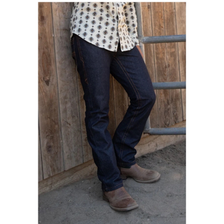 Side Live view of Platini Men’s Slim Bootcut Jeans in Dark wash with embroidered pockets