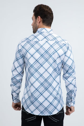 Back of Man wearing Platini white long sleeve button-down dress shirt with blue diamond plaid pattern