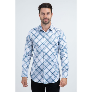 Platini Men's Checkered Long Sleeve Shirt in White and Blue plaid