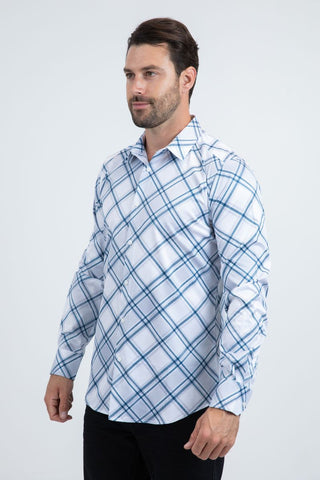 Man wearing Platini white long sleeve button-down dress shirt with blue diamond plaid pattern