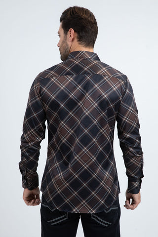 Man wearing Platini black long sleeve button-down dress shirt with beige and brown diamond plaid pattern