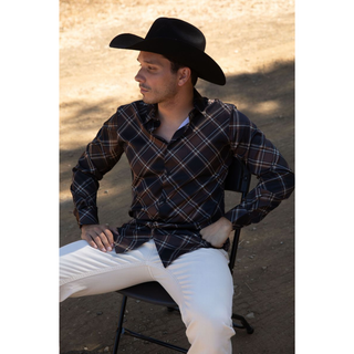 Man wearing Platini black long sleeve button-down dress shirt with beige and brown diamond plaid pattern