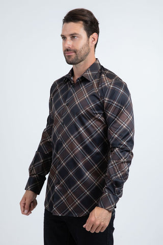 Man wearing Platini black long sleeve button-down dress shirt with beige and brown diamond plaid pattern