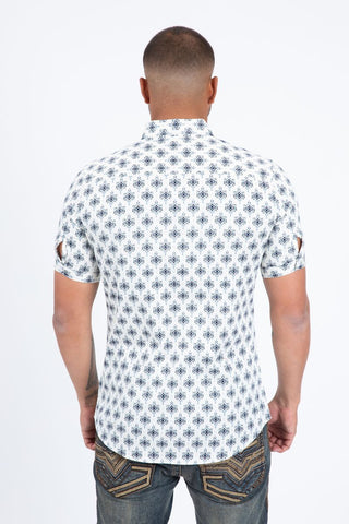 Mens Short Sleeve Modern Fit Stretch Wild Horses Print Shirt- White