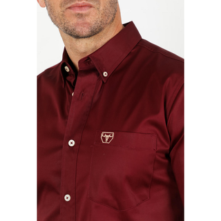 Platini Men's Single Pocket Logo Modern Fit Stretch Dress Shirt - Burgundy
