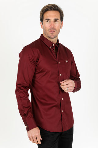 Platini Men's Single Pocket Logo Modern Fit Stretch Dress Shirt - Burgundy