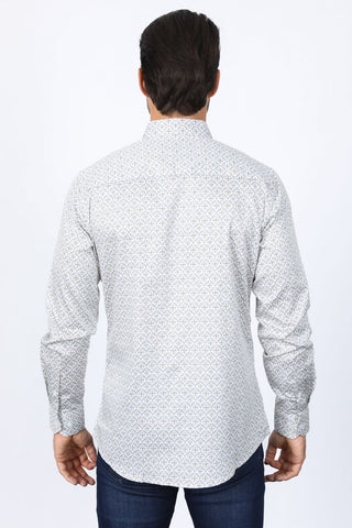 Man wearing a light gray with green accents long sleeve geometric print button-down shirt paired with jeans, modern men's fashion look- front view- back view 