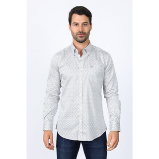 Man wearing a light gray with green accents long sleeve geometric print button-down shirt paired with jeans, modern men's fashion look0- front view 