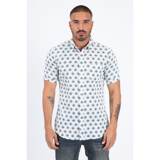 Mens Short Sleeve Modern Fit Stretch Wild Horses Print Shirt- White