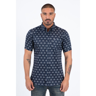 Men’s navy print modern fit stretch short sleeve button-up western shirt