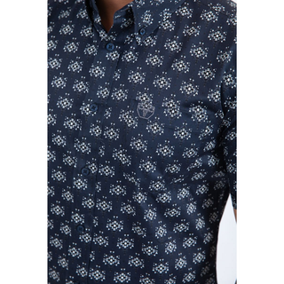 Mens Short Sleeve Modern Fit Stretch Wild Horses Print Shirt- Navy