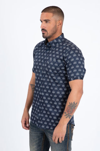 Mens Short Sleeve Modern Fit Stretch Wild Horses Print Shirt- Navy
