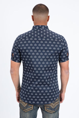 Mens Short Sleeve Modern Fit Stretch Wild Horses Print Shirt- Navy