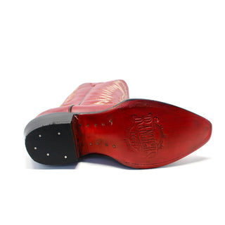 Close-up of leather sole on Rancher's women’s red leather cowboy boot with logo embossed