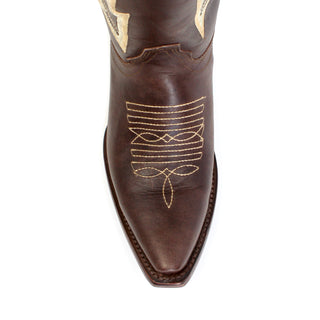 Close-up of snip toe on Rancher's women’s Brown leather cowboy boot with detailed stitching