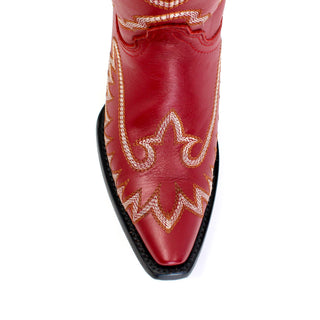Close-up of snip toe on Rancher's women’s Red leather cowboy boot with detailed stitching